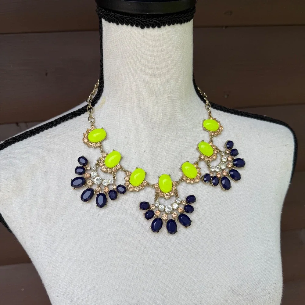 Neon Lime Chartreuse & Navy Blue Rhinestone Statement Bib Necklace